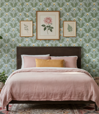 Bedroom with intricate, light green wallpaper and cozy walnut bed with dusty rose colored sheets.