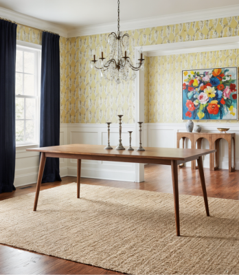 Slim pecan dining table in dining room with light yellow wallpaper.