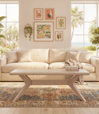 Blonde coffee table in bright living room with eggshell walls and cream colored couch.